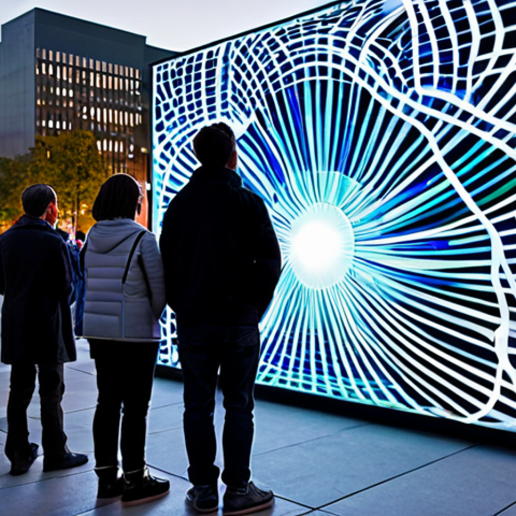A diverse group of adults and families in modern, modest clothing, gathered in a vibrant urban public square at twilight. They are observing a large-scale, ethereal holographic art installation that projects shimmering, abstract forms and intricate light patterns into the open air, blending seamlessly with the surrounding contemporary architecture and city lights. The scene is captured with professional photography, showcasing high resolution, perfect anatomy, correct proportions, natural poses, well-formed hands, proper finger count, and natural body proportions. The content is safe for work, appropriate, fully clothed, and family-friendly.