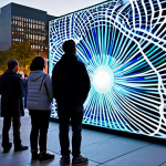 A diverse group of adults and families in modern, modest clothing, gathered in a vibrant urban public square at twilight. They are observing a large-scale, ethereal holographic art installation that projects shimmering, abstract forms and intricate light patterns into the open air, blending seamlessly with the surrounding contemporary architecture and city lights. The scene is captured with professional photography, showcasing high resolution, perfect anatomy, correct proportions, natural poses, well-formed hands, proper finger count, and natural body proportions. The content is safe for work, appropriate, fully clothed, and family-friendly.