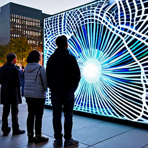 Home 15 A diverse group of adults and families in modern, modest clothing, gathered in a vibrant urban public square at twilight. They are observing a large-scale, ethereal holographic art installation that projects shimmering, abstract forms and intricate light patterns into the open air, blending seamlessly with the surrounding contemporary architecture and city lights. The scene is captured with professional photography, showcasing high resolution, perfect anatomy, correct proportions, natural poses, well-formed hands, proper finger count, and natural body proportions. The content is safe for work, appropriate, fully clothed, and family-friendly.