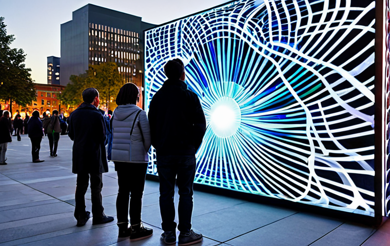A diverse group of adults and families in modern, modest clothing, gathered in a vibrant urban public square at twilight. They are observing a large-scale, ethereal holographic art installation that projects shimmering, abstract forms and intricate light patterns into the open air, blending seamlessly with the surrounding contemporary architecture and city lights. The scene is captured with professional photography, showcasing high resolution, perfect anatomy, correct proportions, natural poses, well-formed hands, proper finger count, and natural body proportions. The content is safe for work, appropriate, fully clothed, and family-friendly.