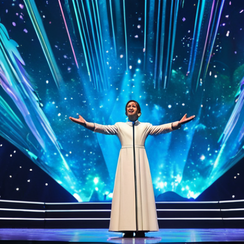 Home 14 A professional male musician, wearing a modest, futuristic stage outfit, stands on a grand, state-of-the-art concert stage. Around him, a breathtaking, dynamic holographic projection creates an immersive environment, shifting from a serene underwater world with luminescent flora to a vibrant celestial galaxy. The scene is filled with dramatic lighting and vibrant colors, showcasing the magic of live performance. Perfect anatomy, correct proportions, natural pose, well-formed hands, proper finger count, natural body proportions, fully clothed, modest clothing, appropriate attire, professional dress, safe for work, appropriate content, professional, family-friendly, high quality, cinematic lighting.