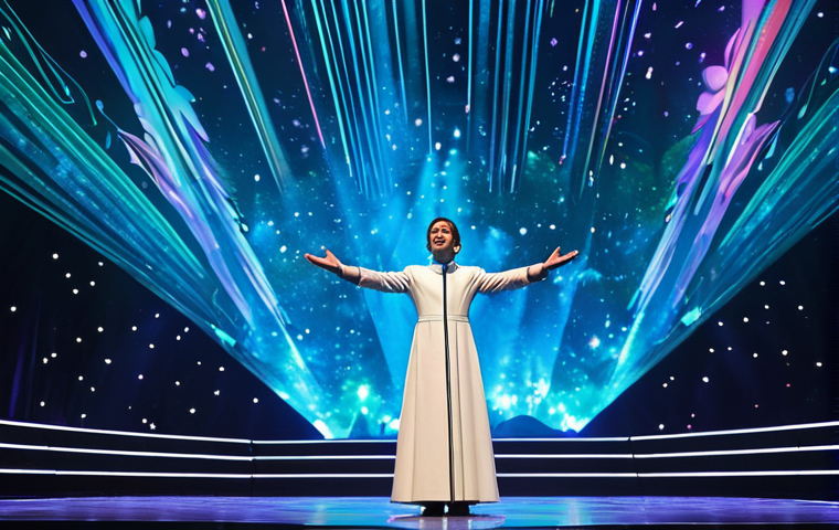 A professional male musician, wearing a modest, futuristic stage outfit, stands on a grand, state-of-the-art concert stage. Around him, a breathtaking, dynamic holographic projection creates an immersive environment, shifting from a serene underwater world with luminescent flora to a vibrant celestial galaxy. The scene is filled with dramatic lighting and vibrant colors, showcasing the magic of live performance. Perfect anatomy, correct proportions, natural pose, well-formed hands, proper finger count, natural body proportions, fully clothed, modest clothing, appropriate attire, professional dress, safe for work, appropriate content, professional, family-friendly, high quality, cinematic lighting.
